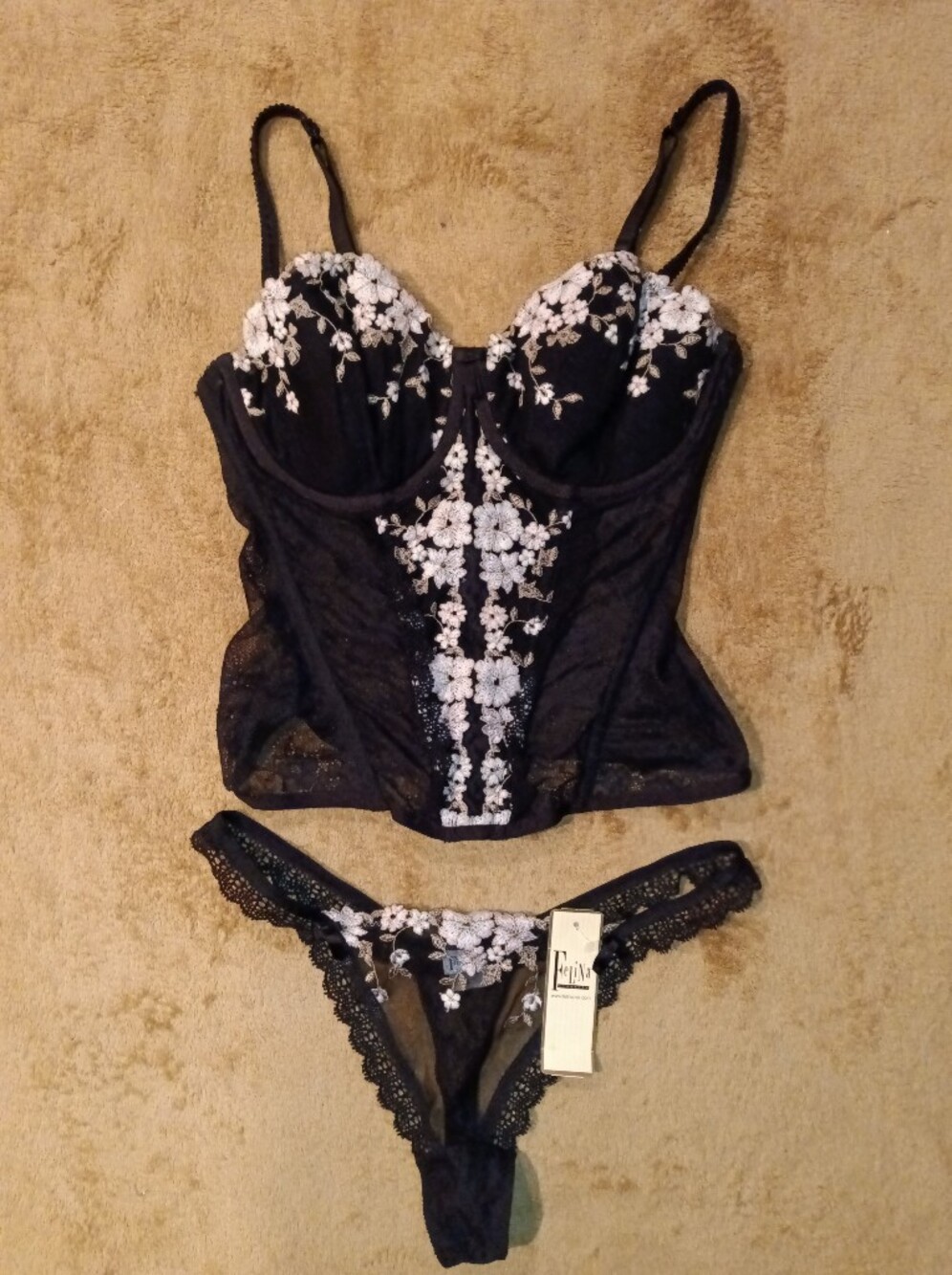 NWT/ NWO Felina High End Black Floral Lace Bustier Set with Creme Embroidery